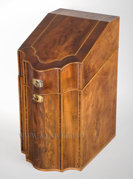Knife Box, Serpentine Front with Sloping Lid
Mahogany and various inlays
Late 18th Century, angle view